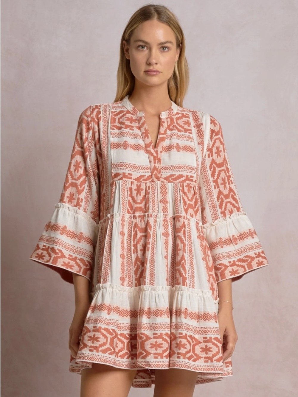 NWT Elan Boho Printed Tiered Mini Dress | Cayanne Cream Summer Dress
